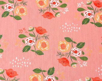 Bouquet on Pink Poplin, Floral Vignette Fabric on Coral Pink, Posies, Monaluna, Vintage 74, Organic Cotton, by the yard or half yard