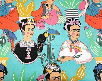 Frida con Las Plumas fabric, Alexander Henry, aqua green, birds and cacti, Folklorico, colorful, novelty print, 100% cotton, by the yard