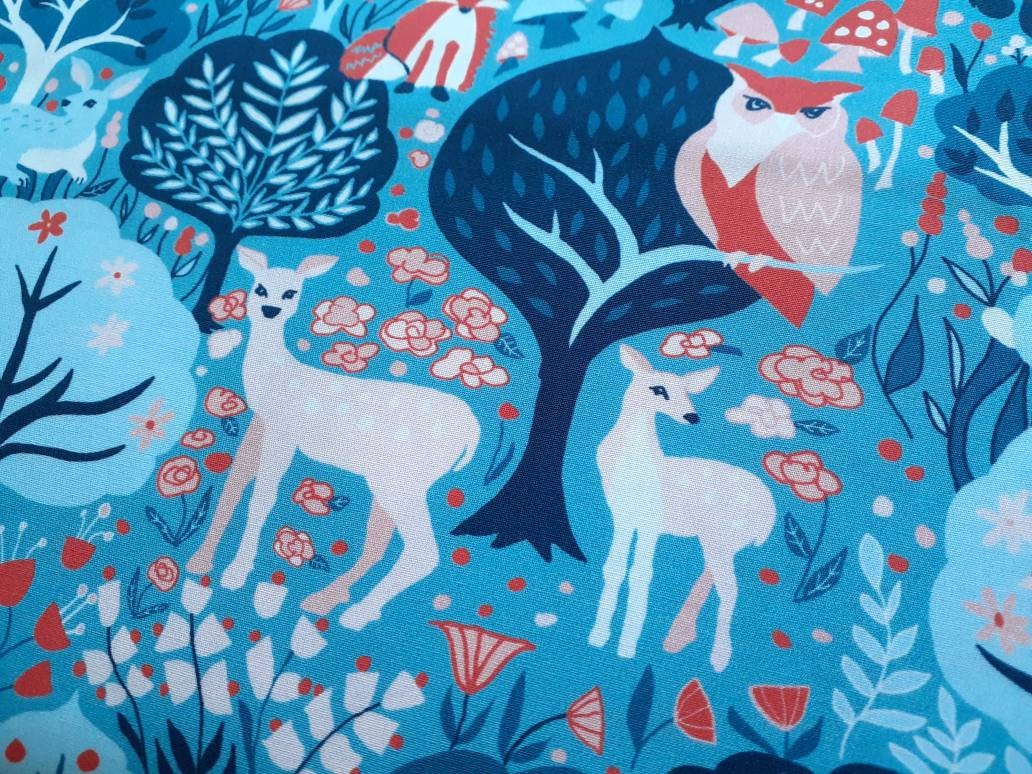 Twilit Forest Poplin, Woodland Fabric with Deer, Owl, Fox, Blue and Coral, Monaluna Modern Love, Org