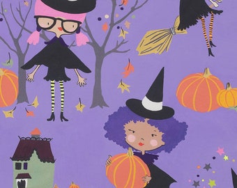 Kiki's Coven Violet Halloween Fabric, Witches and Pumpkins on Purple, Alexander Henry, 100% Cotton, by the yard or half yard