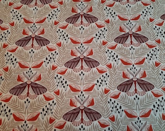 Roam Moth Fabric, Art Deco moths, poppies, and mushrooms on ivory, All That Wander Collection, Organic Cotton Quilting Fabric, cloud9
