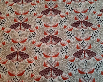 Roam Moth Fabric, Art Deco moths, poppies, and mushrooms on ivory, All That Wander Collection, Organic Cotton Quilting Fabric, cloud9