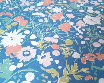 Wildflowers Afternoon, Colorful floral on Blue Organic Cotton Quilting Fabric, Kitty Garden Collection by Birch Fabrics, by the yard