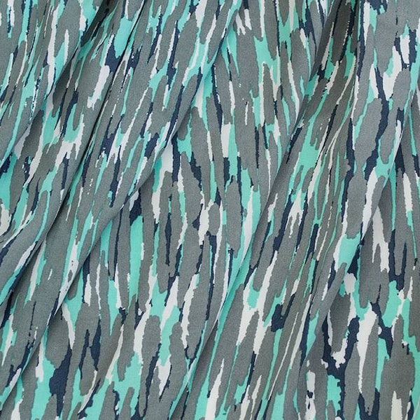 Mint and Olive Abstract Camo Rayon Challis Fabric, Aqua Camouflage, Splendid Fashion Fabric, Lightweight, by the yard