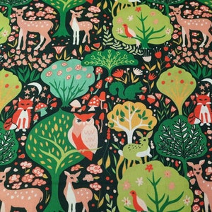 May include: A green, red, and pink fabric with a repeating pattern of owls, deer, foxes, and mushrooms. The background is a dark green color.
