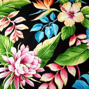 Colorful Black Hawaiian Fabric Print of Night Blooming Cereus, Heliconia, Bird of Paradise, and Hibiscus, Cotton poplin, by the yard