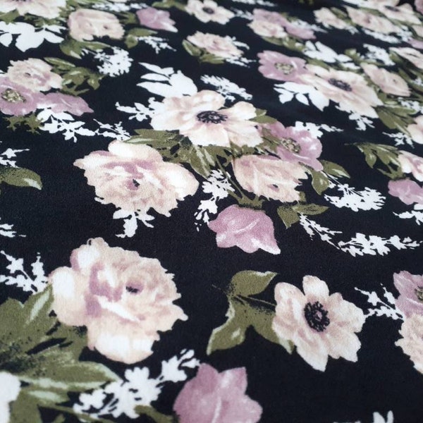 Mauve and Beige Floral on Black, Double Brushed Knit, Lavender, Black and White, Stretch Jersey Knit Fabric, 4 way stretch, by the yard