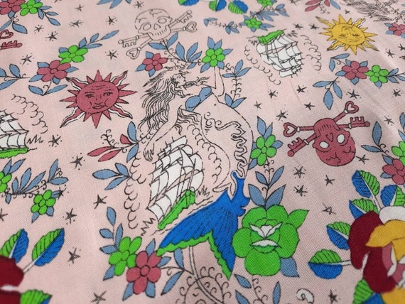 Peachy Pink Mermaid Tattoo Rayon Woven Fabric, Nautical, Celestial, Skull and Crossbones, Fashion Fabric, Lightweight, by the yard