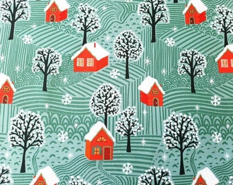 Cozy Christmas Organic Cotton Quilting Fabric, Snowy Landscape with Red Houses on soft Green, Holiday, Winter Wonderland, cloud9