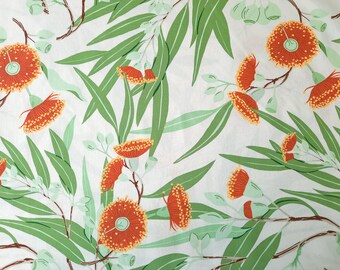 Eucalyptus Tree, Organic Cotton Poplin Fabric, Birch Fabrics, Eucalyptus blossoms and leaves on white background