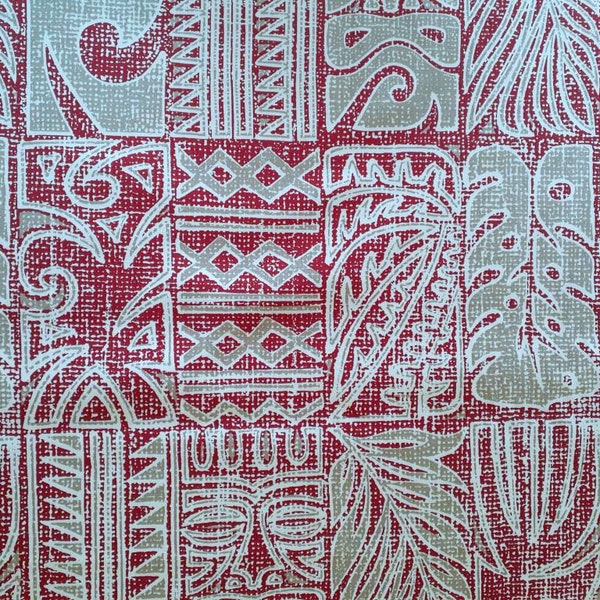 Polynesian wood block print Fabric, Burgundy and Tan Hawaiian, Textured Look, Tiki, Tribal Print, Island Fashion, Cotton poplin, by the yard