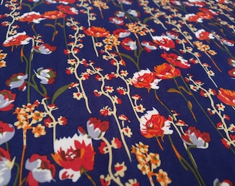 Poppy Floral Vines on Deep Blue, Double Brushed Knit, Coral and Blue Flower Field, Stretch Jersey Knit Fabric, 4 way stretch, by the yard