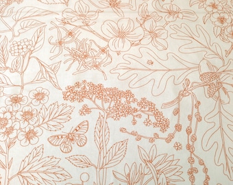 Line Art Cream, Organic Cotton Poplin Fabric, Flowering Trees, Birch Fabrics, Brown and Cream floral, by the yard or half yard