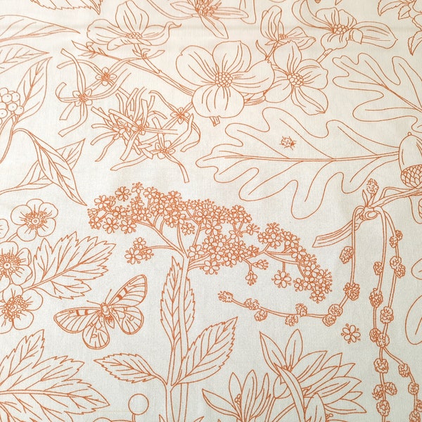 Line Art Cream, Organic Cotton Poplin Fabric, Flowering Trees, Birch Fabrics, Brown and Cream floral, by the yard or half yard