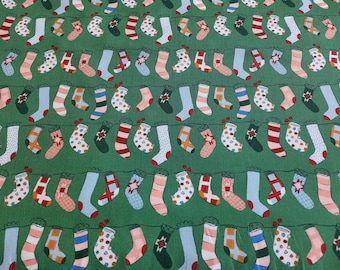 Stockings Organic Cotton Quilting Fabric, Green Christmas Stocking Fabric, Holiday, Warm and Cozy, Modern Christmas Fabric, cloud9