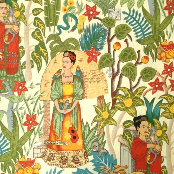 Frida Fabric,  Frida's Garden Tea, Alexander Henry Fabrics, Garden Scene all over print, folklorico collection, cotton, by the yard