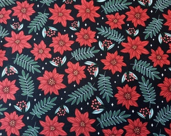 Poinsettia Parade Organic Cotton Quilting Fabric, Red and Green, Christmas Holiday Greenery and Flowers on black, Winter Wonderland, cloud9