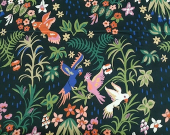 Exuberant Cockatoos, Dark Tropical Floral Fabric with Birds, Organic Cotton Quilting, Garden of Eden Collection, cloud9, by the yard