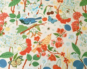 Tree Chatter, Organic Cotton Poplin Fabric, Flowering Trees, Birch Fabrics, Sand Beige floral with Birds, butterflies, branches, cherry