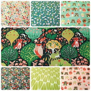 May include: A collage of nine fabric swatches featuring different woodland-themed patterns. The patterns include a green and white floral design, a pink and green mushroom design, a green and brown owl design, a green and white leaf design, and a pink and green floral design.