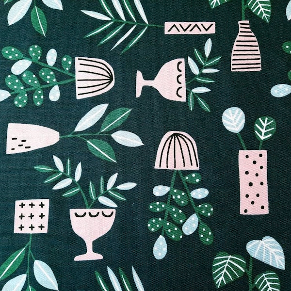 Sprouts Organic Cotton Canvas Fabric, plants in light pink vases on dark forest green, Easy Weekend, cloud9, by the yard or half yard