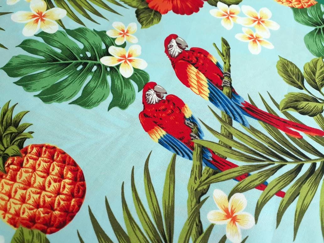Parrots and Pineapples Hawaiian Print Fabric in Sky Blue 100% - Etsy