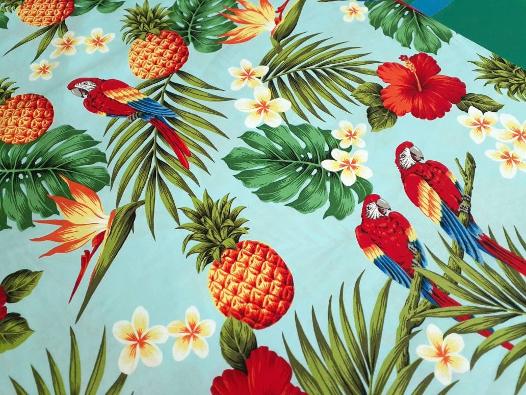 Parrots and Pineapples Hawaiian Print Fabric in Sky Blue 100% - Etsy