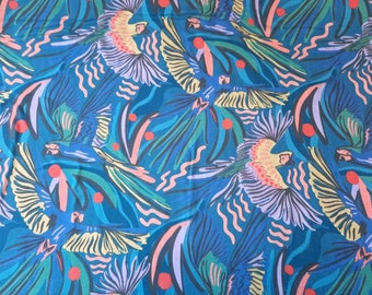 Jungle Birds Rayon Modal Print Fabric, Blue, Purple, Green, Red, Black, Parrots, 3.1oz, Wildscape, Cloud9, Fashion Fabric, Lightweight