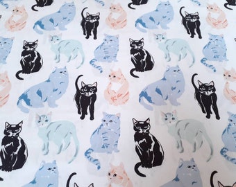 MIAU, Cat Fabric on Organic Cotton Poplin, Black Cats, Pastel Cats, Quilting Fabric, Kitty Garden Collection by Birch Fabrics, by the yard