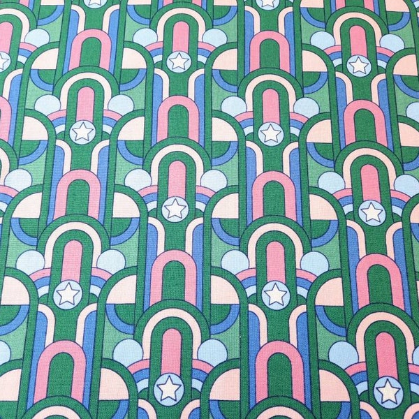 Cosmic Realm Organic Cotton Quilting Fabric, Art Deco, Geometric, Retro, groovy, psychedelic, Emerald City, Stardust Collection, cloud9