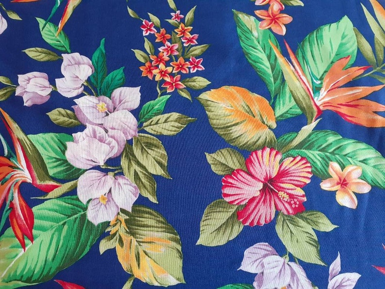 Blue Hawaiian Print Fabric Bird of Paradise Hibiscus - Etsy