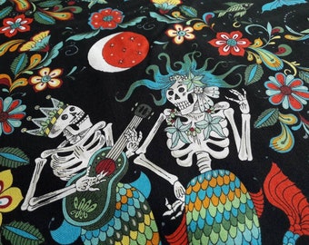 Esqueletos del Mar Black, skeletons from the sea, mermaids, mermen, Alexander Henry Fabrics, folklorico collection, cotton, by the yard