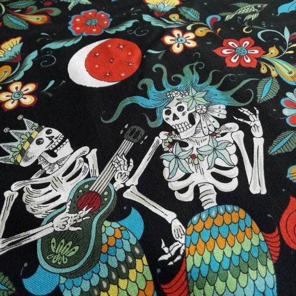 Esqueletos del Mar Black, skeletons from the sea, mermaids, mermen, Alexander Henry Fabrics, folklorico collection, cotton, by the yard