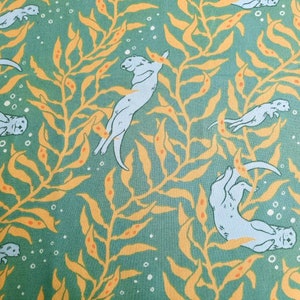 Otters Mid Blue Green Organic Cotton Poplin Fabric, The Wild Coast, Birch, Kelp Forest, Sea Life, California Nature, by the yard or half yd