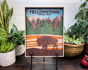 Yellowstone National Park Wood Sign: Laser Cut 3D Layered Art