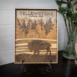 Yellowstone National Park Wood Layered Sign Stained | Outdoor Enthusiast Gift | Laser Cut Wood Stained Sign