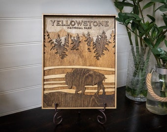 Yellowstone National Park Wood Sign: Layered Stained Laser Cut Art