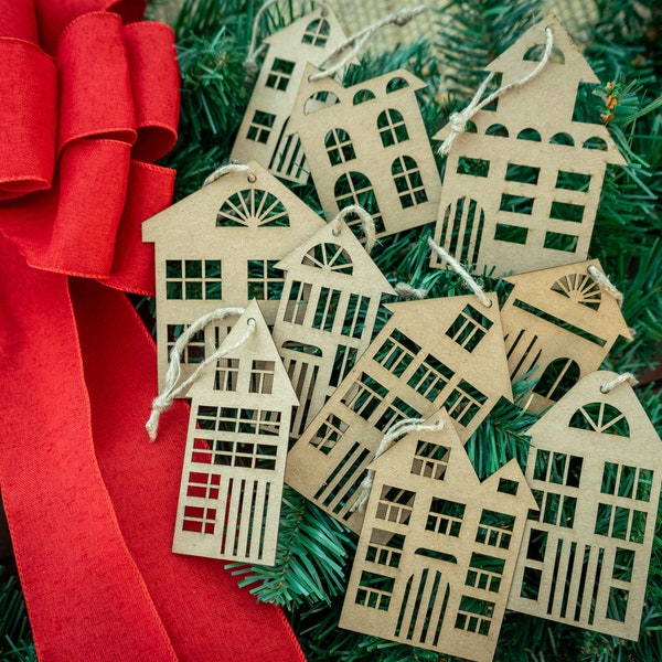 Set of 10 Unfinished Chipboard Putz House Christmas Ornaments - DIY Family Craft Kit