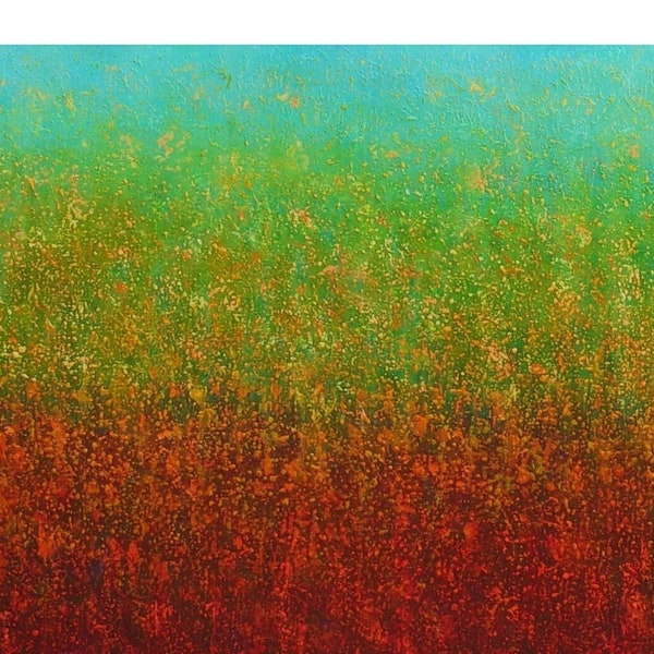 Tableau abstrait original texturé, bleu vert orange bordeaux, ciel foret terre, lumineux coloré multicolore