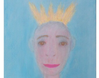 Tableau original portrait, bleu clair doré rouge, roi couronne visage, garçon enfant