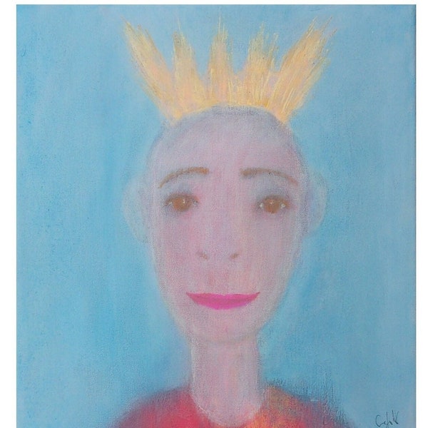 Tableau original portrait, bleu clair doré rouge, roi couronne visage, garçon enfant