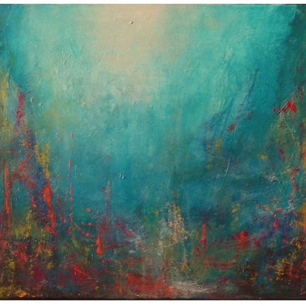 abstract seascape painting, Blue teal red grey, Original water lake river, deep sea