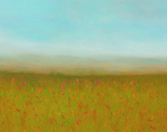 stillness landscape, meadow flowers painting, green blue, gift for wife, Original canvas, Peaceful serene, skyline mountains, distant hill