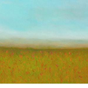 original landscape, meadow flowers painting, green blue, gift for wife, stillness canvas, Peaceful serene, skyline mountains, distant hill
