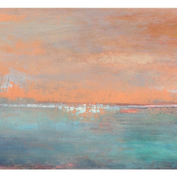 Idée cadeau fête des mères, Tableau paysage marin abstrait, bleu ciel chair orange, original lumineux unique