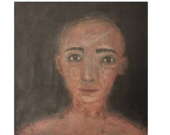 May include: An oil painting of a person with a shaved head and a neutral expression. The person's skin tone is a light brown, and the background is a dark gray. The painting is signed in the lower right corner.