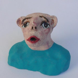 bust creature, original clay statue, turquoise blue beige, funny folk, whimsical monster, paper weight, handmade  gift for friend