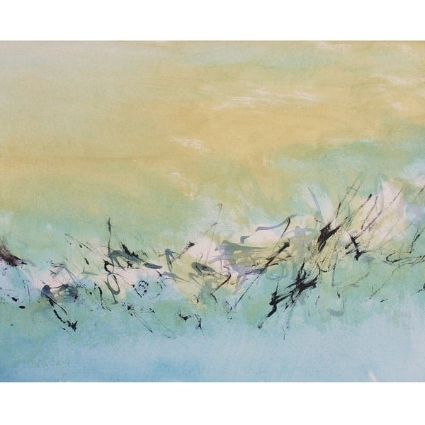 zao wou ki style, Paysage abstrait multicolore, bleu clair beige blanc, peinture minimaliste, gestuelle originale, Abstraction lyrique