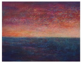 abstract sunset, dramatic atmospheric, evening seascape, purple orange blue, Original night, textured, canvas, sky clouds