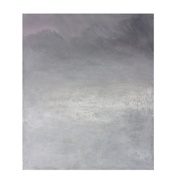 Grand Tableau abstrait, blanc gris rose, minimaliste, paysage original ciel nuage, texture traces